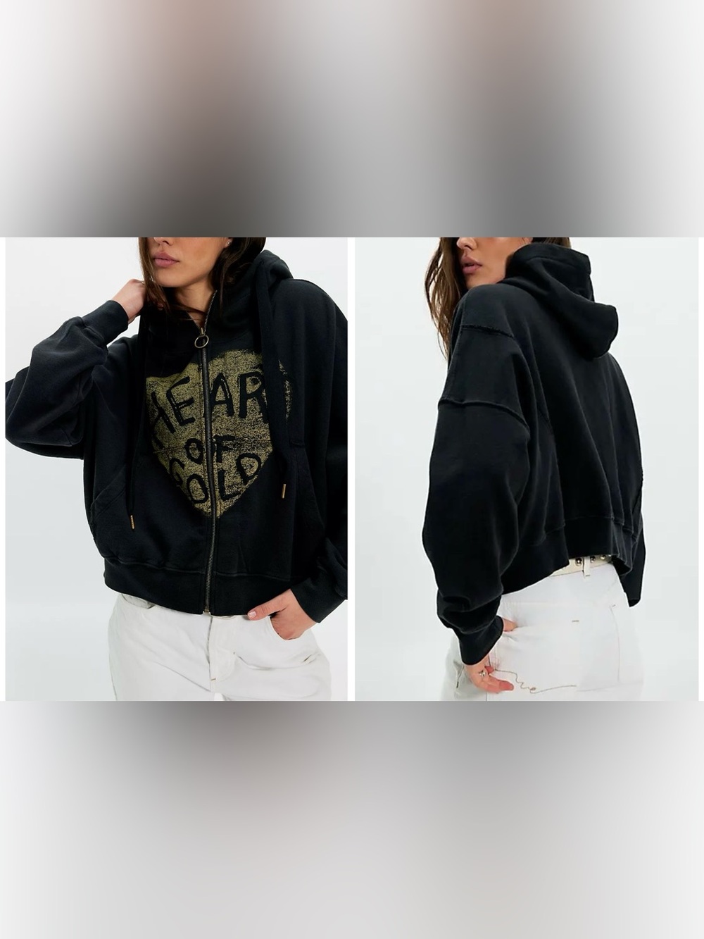 NWT Free People Ragabond Heart Of Gold Zip Hoodie - black gold - Medium